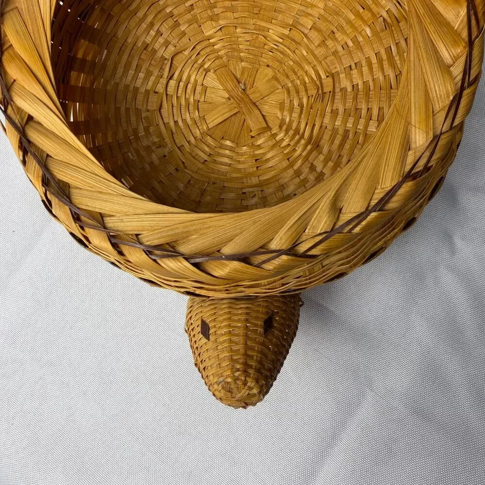 VTG Woven Bamboo Rattan Figural Turtle Basket Carved Wood Feet 10
